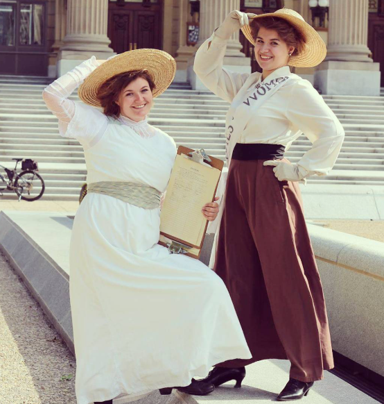 At a re-enactment 1914 suffrage rally at the Legislative Assembly of Alberta in June, 2016. Pictured with volunteer Renee Ouelette (left).